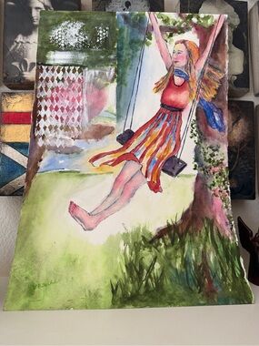 Original Signed Watercolor Painting of Girl on Swing| Colorful Impressionist